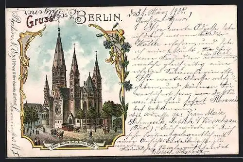 Lithographie Berlin-Charlottenburg, Pferdebahn an der Kaiser Wilhelm Gedächtniskirche