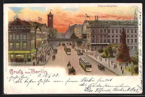 Lithographie Berlin, Alexanderplatz mit Strassenbahnverkehr