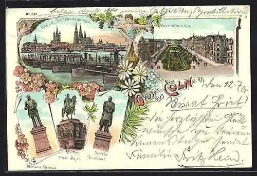Lithographie Köln-Neustadt, Totalansicht von der Schiffbrücke gesehen, Kaiser-Wilhelm-Ring