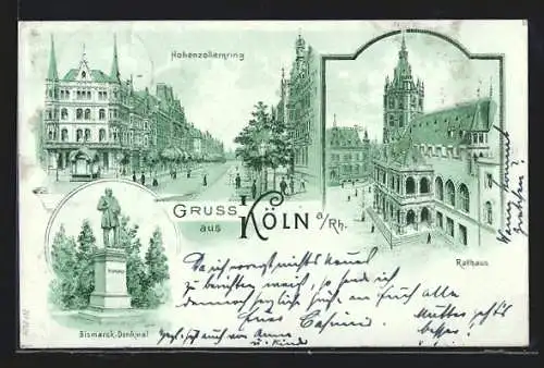 Lithographie Köln, Hohenzollernring und Rathaus