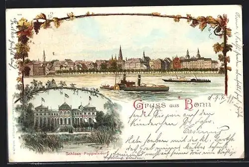 Lithographie Bonn, Panorama mit Rheinschiffen, Schloss Poppelsdorf