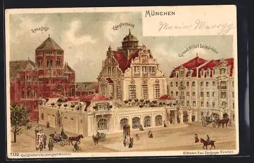 Lithographie München, Ortsansicht mit Synagoge, Künstlerhaus und Grand Hôtel Leinfelder, Litfasssäule, Kutsche