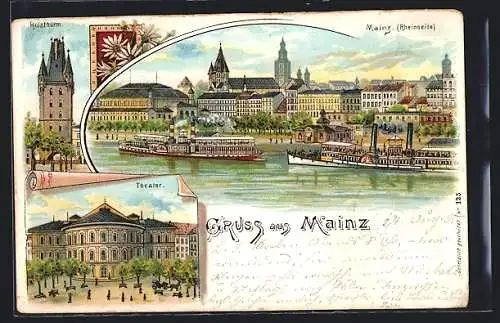 Lithographie Mainz, Theater, Holzthurm, Rheinseite