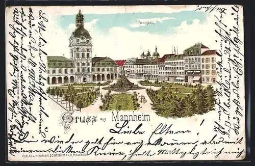 Lithographie Mannheim, Blick auf den Paradeplatz