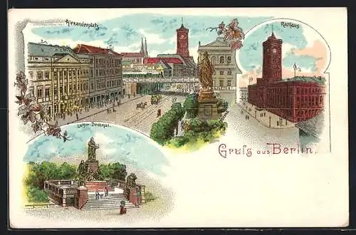 Lithographie Berlin, Alexanderplatz, Rathaus, Lutherdenkmal