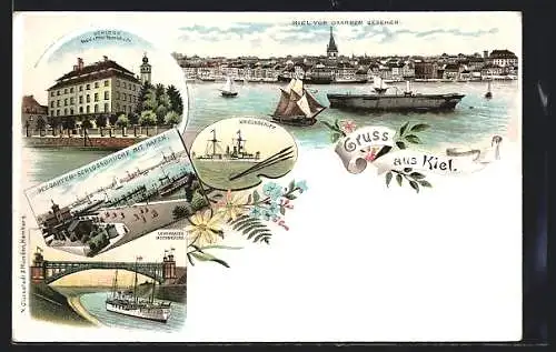 Lithographie Kiel, Schloss Residenz d. Prinz Heinrich v. Pr., Kriegsschiff, Lewensauer Hochbrücke