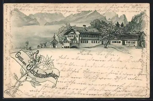 Lithographie Garmisch-Partenkirchen, Geschwandtnerbauer Berghof