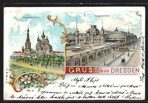 Lithographie Dresden, Hauptbahnhof und Russische Kirche