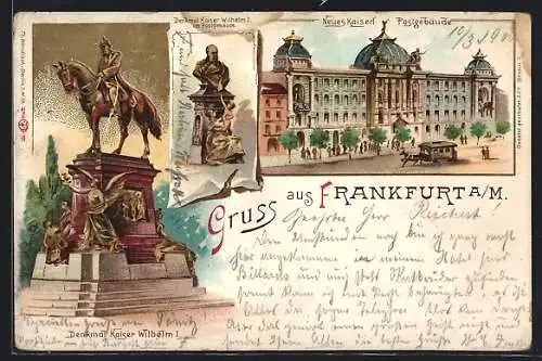 Lithographie Frankfurt, Denkmal Kaiser Wilhelm I., neues Postgebäude und Strassenbahn
