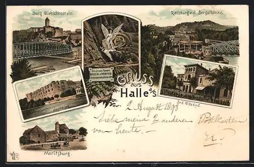 Lithographie Halle /Saale, Burg Giebichenstein, Reilsburg v.d. Burgschänke, Bad Wittekind, Moritzburg