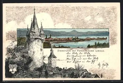 Künstler-AK C.Biese: Lindau, Gesamtansicht mit Bodensee, Diebsturm mit Peterskirche