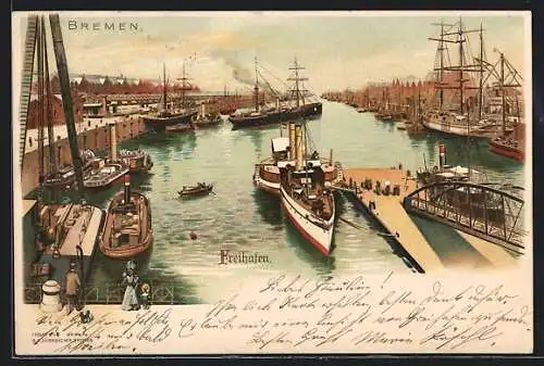 Lithographie Bremen, Raddampfer Forelle im Freihafen