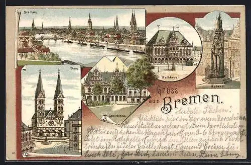 Lithographie Bremen, Rathaus, Roland, Dom