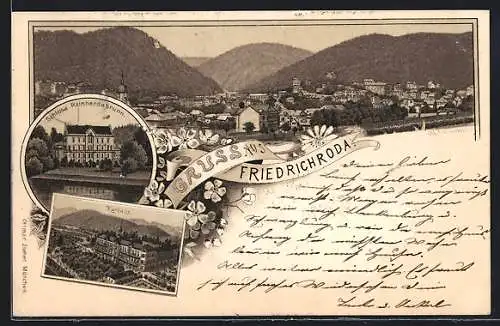 Lithographie Friedrichroda, Schloss Reinhardsbrunn, Kurhaus, Gesamtansicht in den Bergen