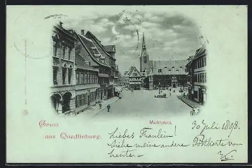 Mondschein-AK Quedlinburg, Marktplatz mit Blick zur Kirche