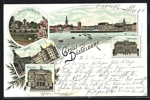 Lithographie Düsseldorf, Ständehaus, Kunsthalle, Markt, Brunnen in der Königsallee