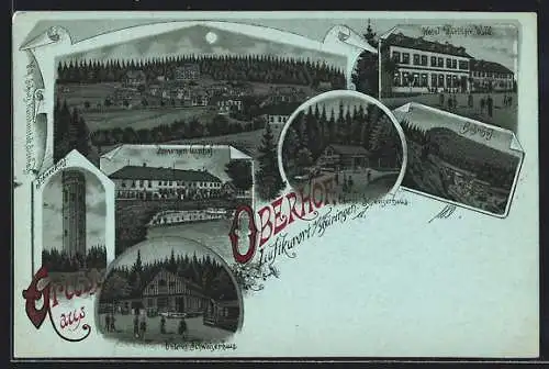 Mondschein-Lithographie Oberhof i. Thüringen, Hotel Thüringer Wald, Bahnhof, Domainen Gasthof, Schneekopf