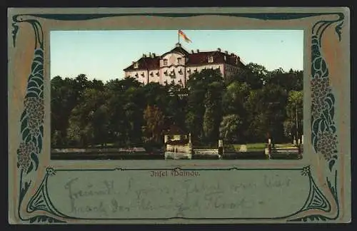 AK Insel Mainau, Schloss mit Uferpartie im Passepartout