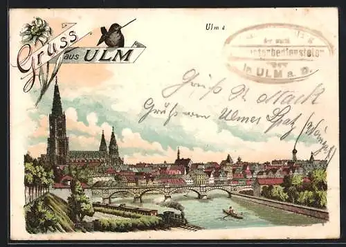 Lithographie Ulm / Donau, Flusspartie mit Blick auf den Münster