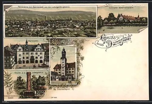 Lithographie Darmstadt, Thurm auf der Ludwigshöhe, Schloss Kranichstein, Glockenspiel