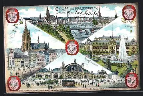 Lithographie Frankfurt, Palmengarten, Dom, Hauptbahnhof mit Strassenbahn