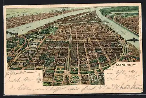 Lithographie Mannheim, Stadtansicht aus der Vogelschau mit Rhein und Neckar