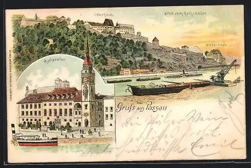 Lithographie Passau, Rathaus mit Gasthaus Ratskeller, Niederhaus, Oberhaus, Dampfer