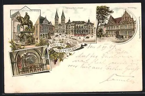 AK Bremen, Kaiser Wilhelm I. Denkmal, Rathaus, Dom & Börse, Gewerbehaus, Ratskeller