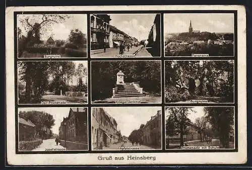 AK Heinsberg / Rhld., Blick auf Burgruine, Hochstrasse, Kriegerdenkmal, Ost-Promenade, Josefstrasse und Apfelstrasse