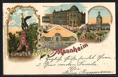 Lithographie Mannheim, Bahnhof, Kaufhaus, Realgymnasium, Kriegerdenkmal, Paradeplatz um 1900