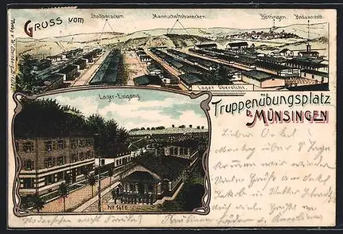 Lithographie Münsingen, Truppenübungsplatz, Lagereingang, Gesamtansicht