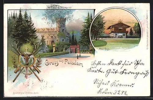 Lithographie Potsdam, Gasthaus Bayr. Haus und Eingang zum Wildpark