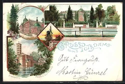 Lithographie Potsdam, Schloss Sanssouci, Historische Mühle, Neues Palais und Friedenskirche