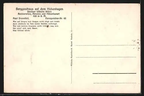 AK Dransfeld, Berggasthaus auf dem Hohenhagen, Bes. Wilhelm Bühre, Gausturm und Giesekestein