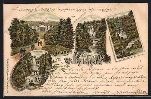 Lithographie Kassel-Wilhelmshöhe, Schlosspartie mit Teufelsbrücke, Aquaduct & Wasserfall