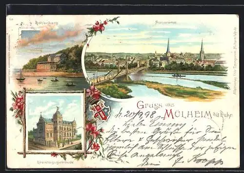 Lithographie Mülheim / Ruhr, Kreistagsgebäude, Kahlenberg, Panorama