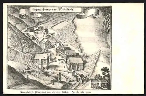 Lithographie Griesbach /Baden, Ortsansicht im Jahre 1644, Sauerbrunnen, nach Merian