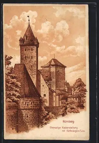 Lithographie Nürnberg, Ehemalige Kaiserstallung mit fünfeckigem Turm