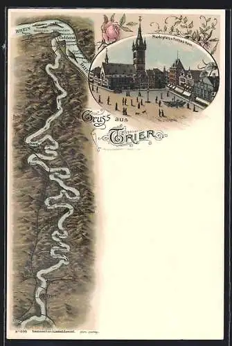 Lithographie Trier, Marktplatz und Rothes Haus, Landkarte mit Verlauf der Mosel von Trier bis Koblenz