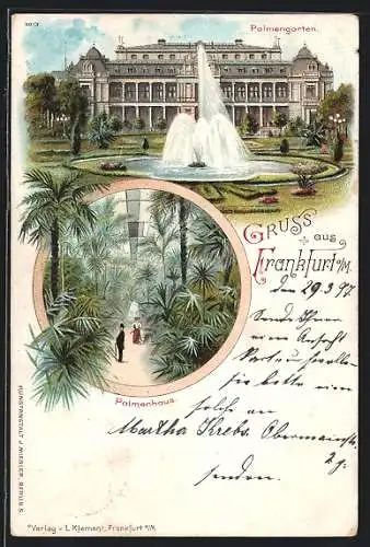 Lithographie Frankfurt-Westend, Springbrunnen im Palmengarten & Palmenhaus