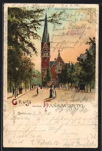 Lithographie Berlin-Tiergarten, Strassenpartie mit Kirche im Hansaviertel