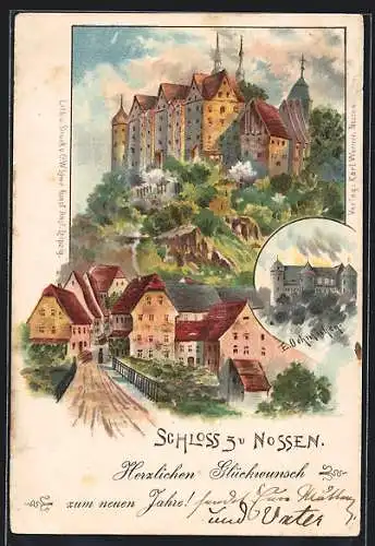 Lithographie Nossen, Blick aus einer Strasse zum Schloss