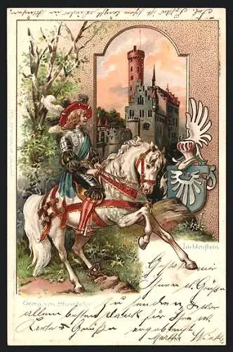 Passepartout-Lithographie Lichtenstein, Georg von Sturmfeder mit Schimmel und Blick zur Burg um 1900