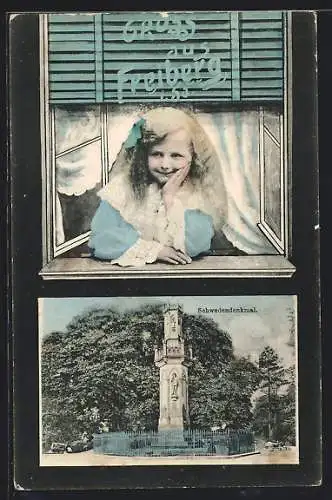 AK Freiberg i. Sa., Schwedendenkmal und Mädchen am Fenster