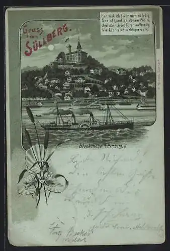 Mondschein-Lithographie Blankenese b. Hamburg, Dampfer vor dem Süllberg