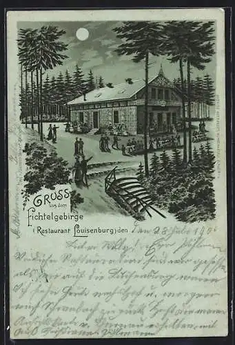 Mondschein-Lithographie Wunsiedel /Fichtelgebirge, Restaurant Louisenburg im Wald