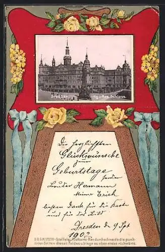 Präge-AK Dresden, Kgl. Res. Schloss im Blumen-Passepartout