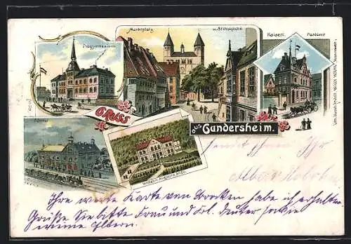 Lithographie Gandersheim, Wilhelm Augusta Stift, Bahnhof, Progymnasium