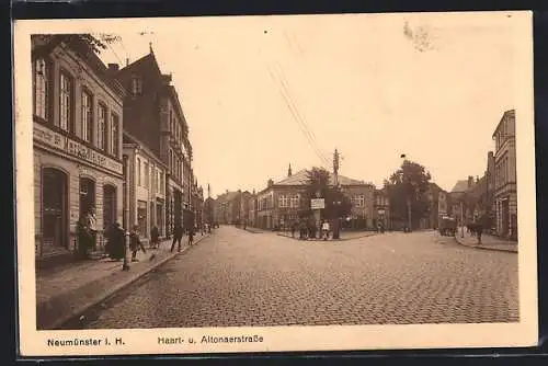 AK Neumünster i. H., Geschäft Martin Nielsen an Haart. u. Altonaerstrasse