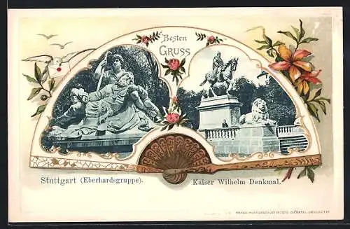 Passepartout-Lithographie Stuttgart, Eberhardsgruppe und Kaiser Wilhelm Denkmal, Fächer und Blumen